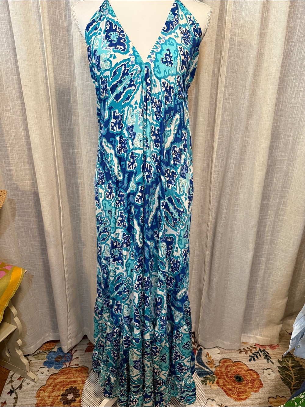 EYA Collection Silk Blend Halter Maxi Dress Blu Turquoise Ikat Print Boho Resort